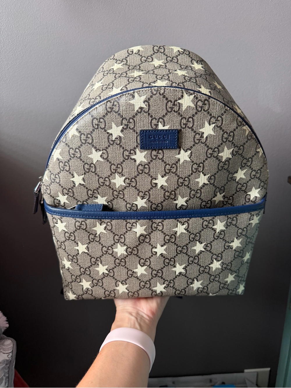 Gucci GG supreme star Print Backpack with Blue Trim